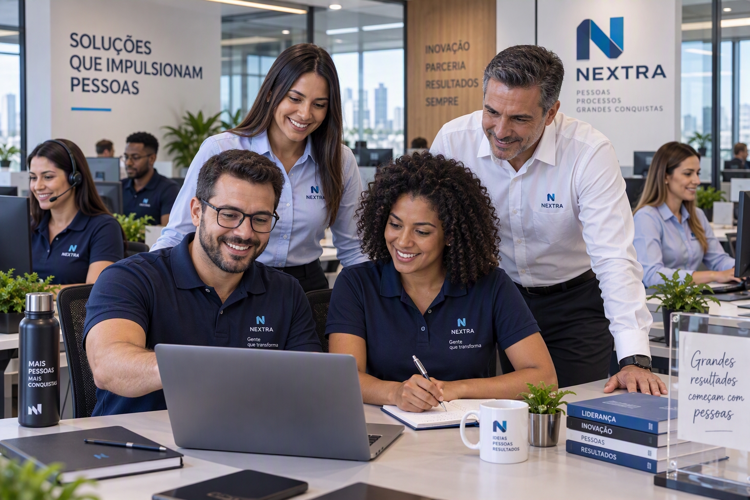 Profissionais com camisa polo e uniforme corporativo