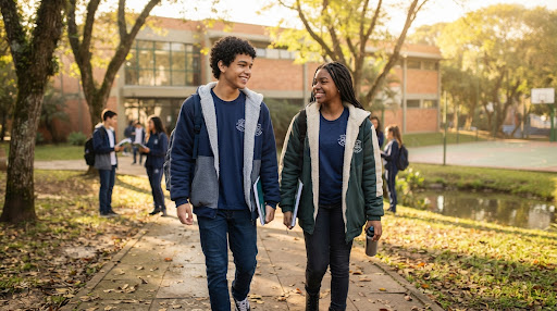 Estudantes vestindo uniformes escolares