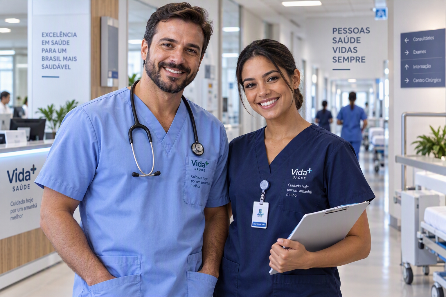 Profissionais da saúde usando Linha Hospitalar Scrubs